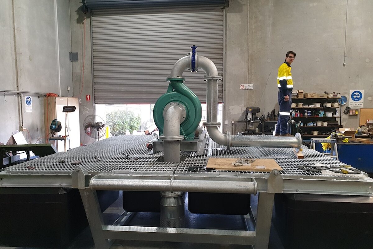 A pontoon pumpset being built in the Kalpumps workshop