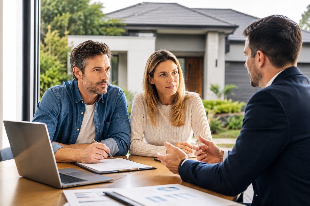 An adviser talking a couple through printed reports at a table with a laptop