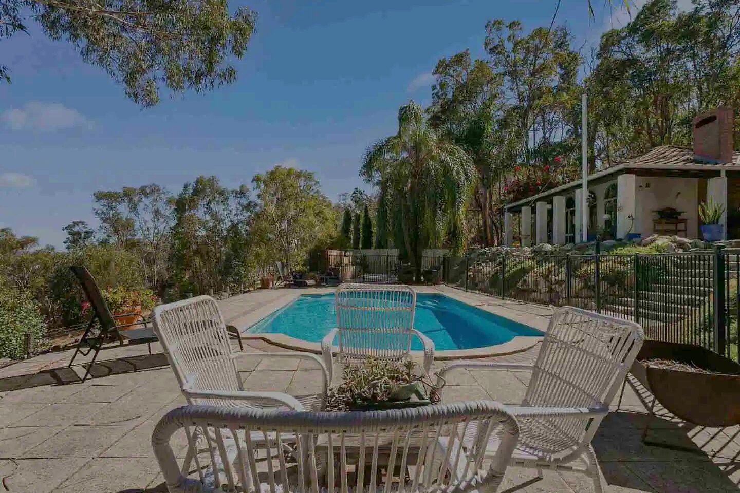A family home with a pool and outdoor chairs, set among gum trees